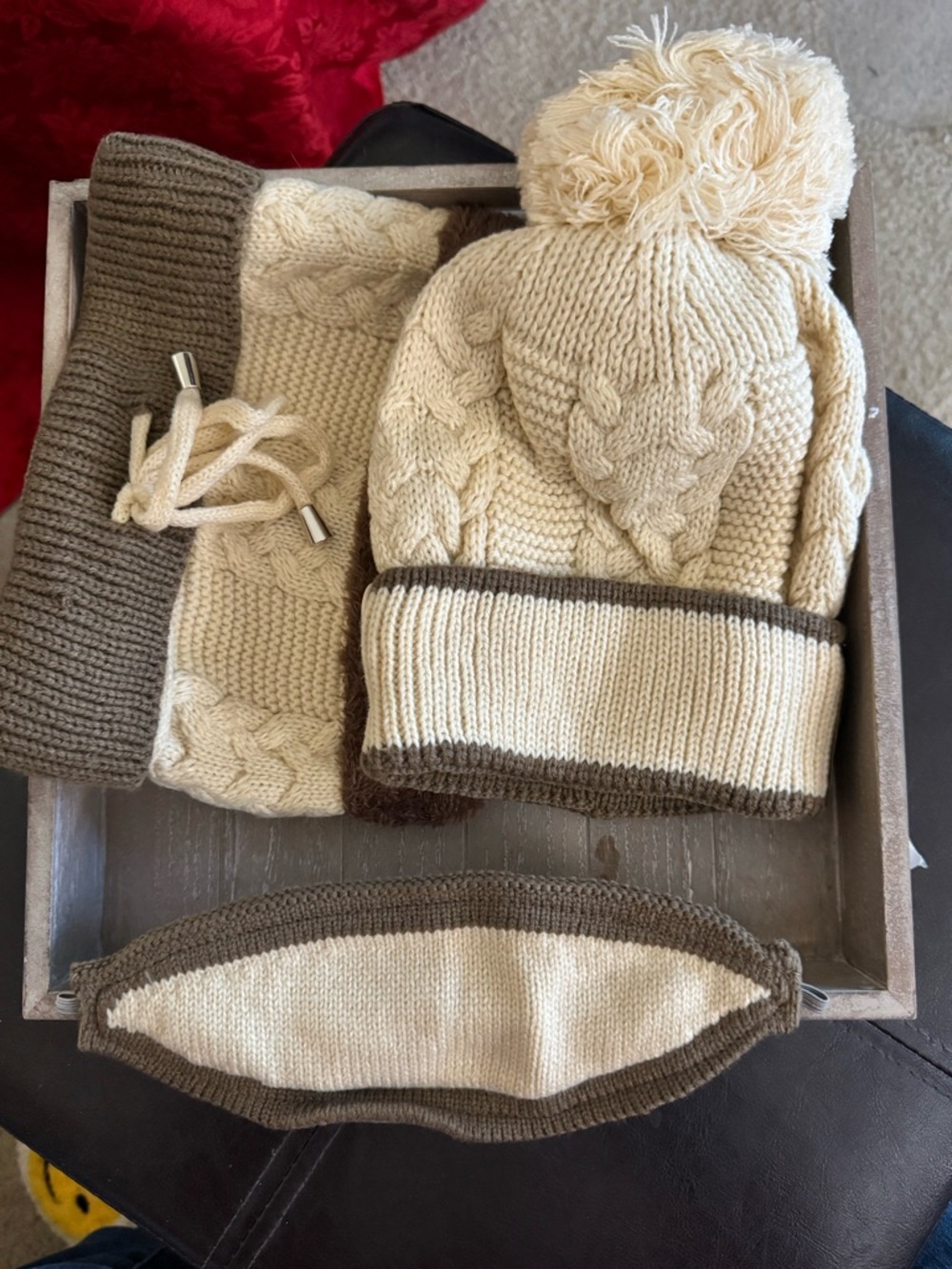 Cream & Brown Cable Knit Pom Beanie and Scarf Set
